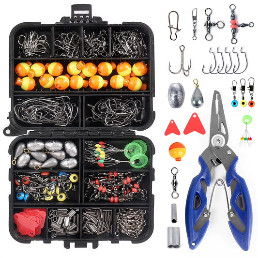 263Pcs Outdoor Fishing Accessories Set with Tackle Box Including Plier Jig Hooks Sinker Weight Swivels Snaps Sinker Slides Kit